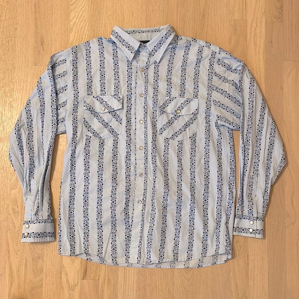 Odo Western Floral Light Blue Snap Button Down Mens Shirt - Medium - 100% Cotton